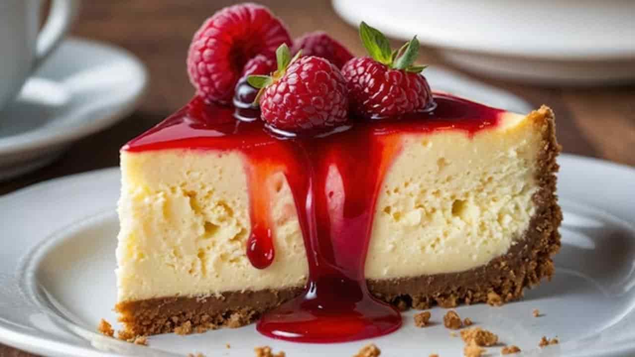 Cheesecake cremoso de requeijão com biscoitos e frutas vermelhas