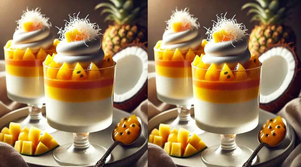 Mousse de frutas tropicais com espuma de coco e abacaxi crocante