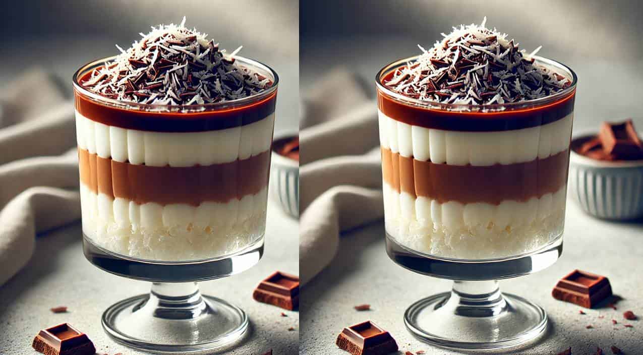 Doce gelado de coco e chocolate na taça